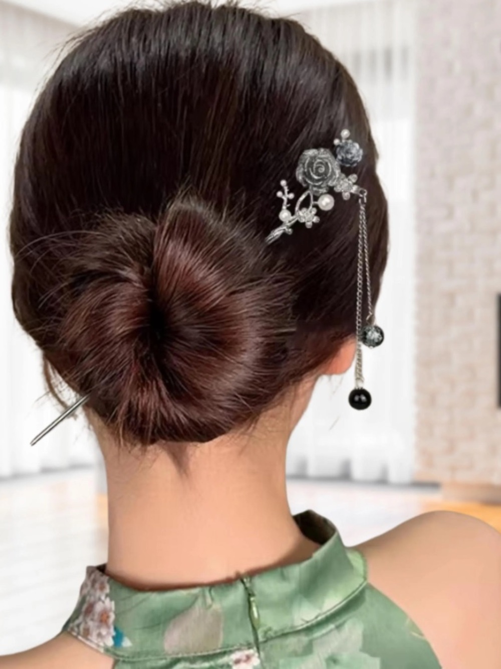 Midnight Rose Hair Pin with Black Bead Dangles - Women Accessories
